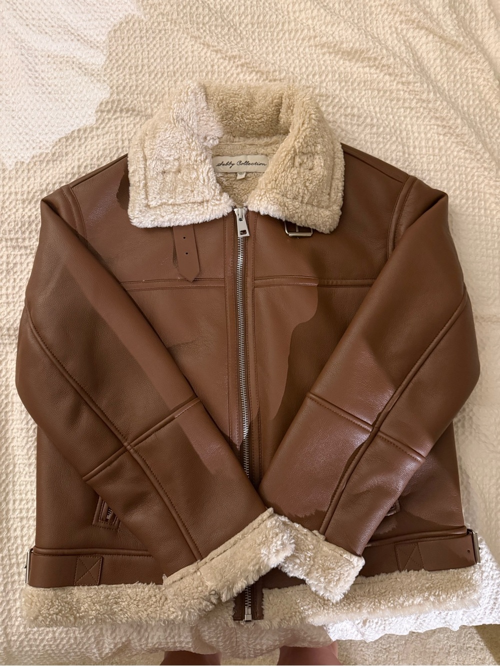 Never before worn women’s Cognac Faux Leather Shearling Aviator Jacket